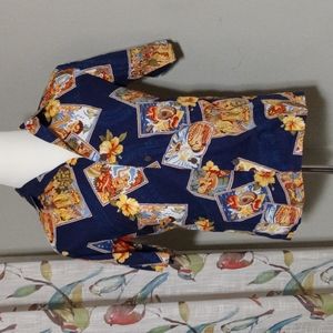 Hilo Hattie Made in Hawaii Hawaiian Shirt Postcard Style Men's Size S Small EUC